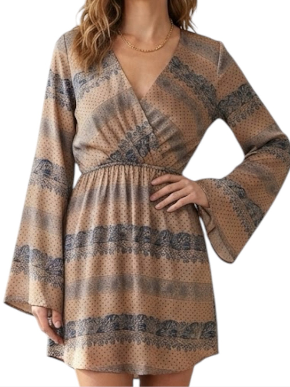 Bohemian Paisley Bell Sleeve Faux Wrap Mini Dress L Large Anthropologie Everly